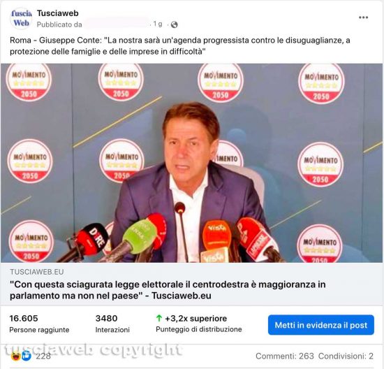 Media - Facebook - Il post dell'articolo su Giuseppe Conte