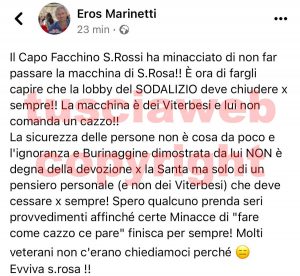 Il post pubblicato sulla pagina Facebook di Eros Marinetti