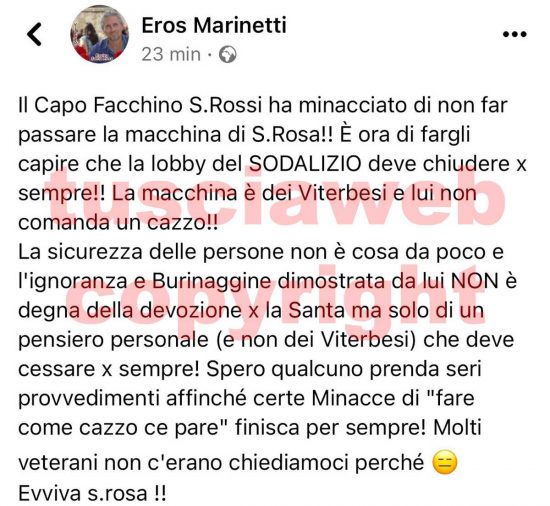 Il post pubblicato sulla pagina Facebook di Eros Marinetti