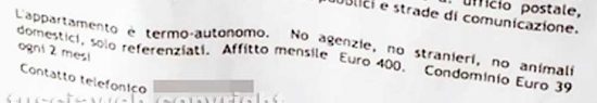 Viterbo - Un annuncio in cui sta scritto che non si affitta casa agli stranieri - particolare
