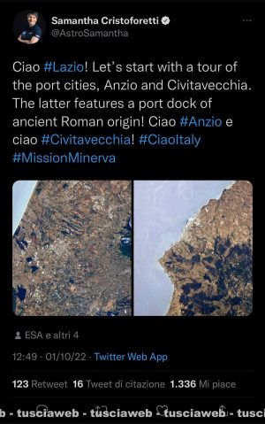 Samantha Cristoforetti saluta Civitavecchia dallo spazio
