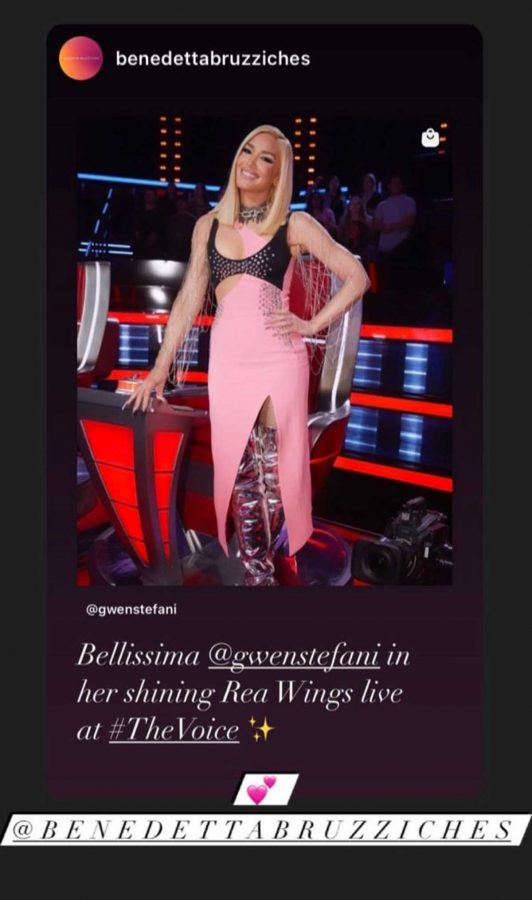 Il repost Instagram di Gwen Stefani con indosso la creazione di Benedetta Bruzziches