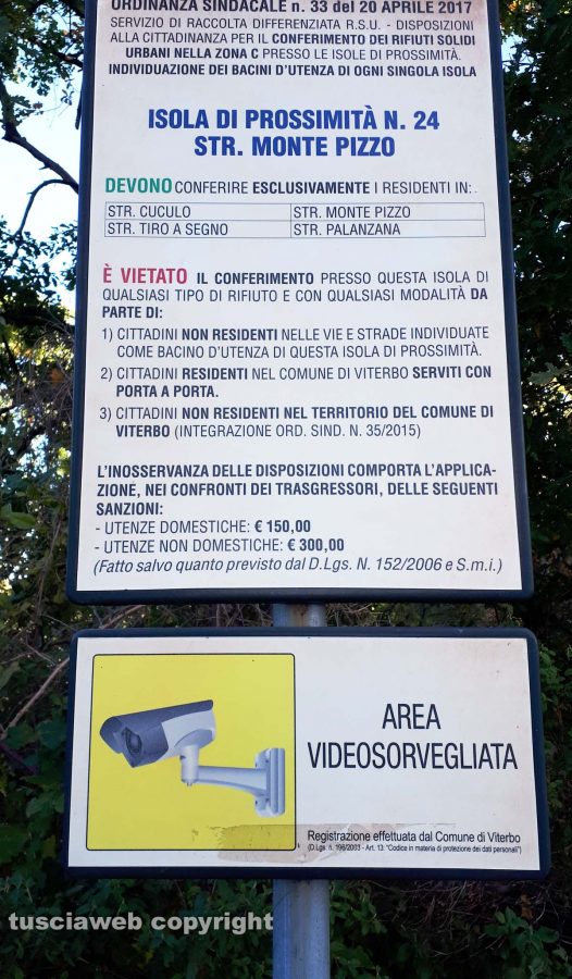 Viterbo - Rifiuti abbandonati a strada Monte Pizzo - Il cartello della videosorveglianza