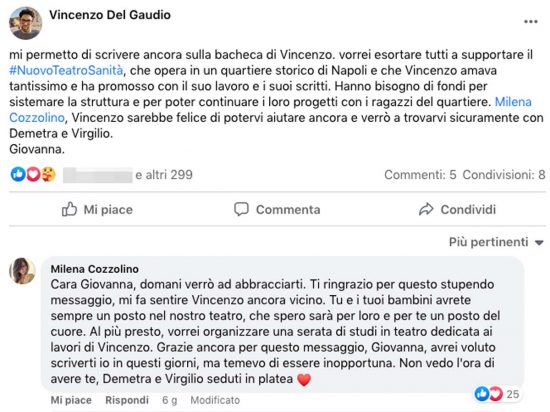 Il post su Facebook scritto dalla moglie di Del Gaudio