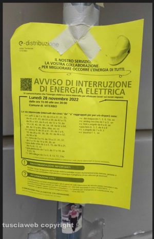 Viterbo - L'avviso di interruzione della corrente
