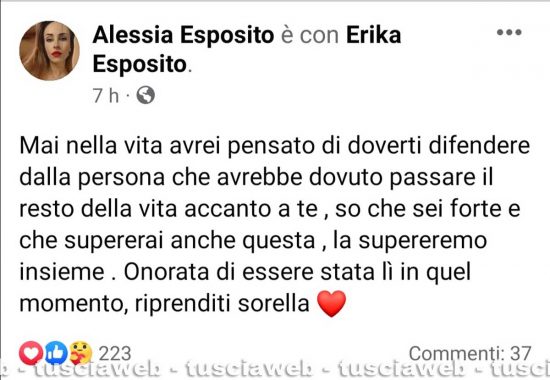 Il post della sorella di Erika Esposito su Facebook