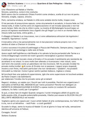 Il post sul profilo Facebook di Stefano Scatena sul Natale viterbese