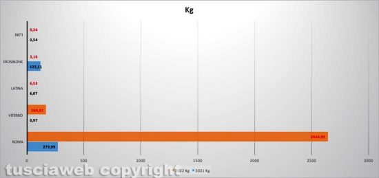 Dati sequestro cocaina nella Tuscia confronto gennaio-settembre 2021-2022