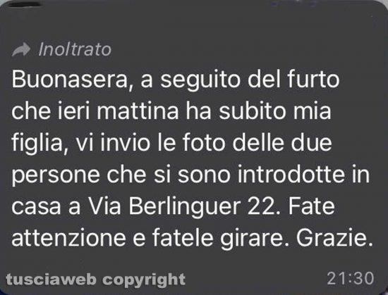Civita Castellana - Furto in casa, le foto delle telecamere finiscono sui social - Il messaggio della madre 
