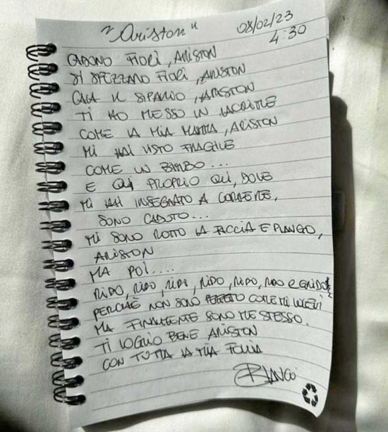 Sanremo - Blanco rompe i vasi di rose in mondovisione - La lettera di scuse