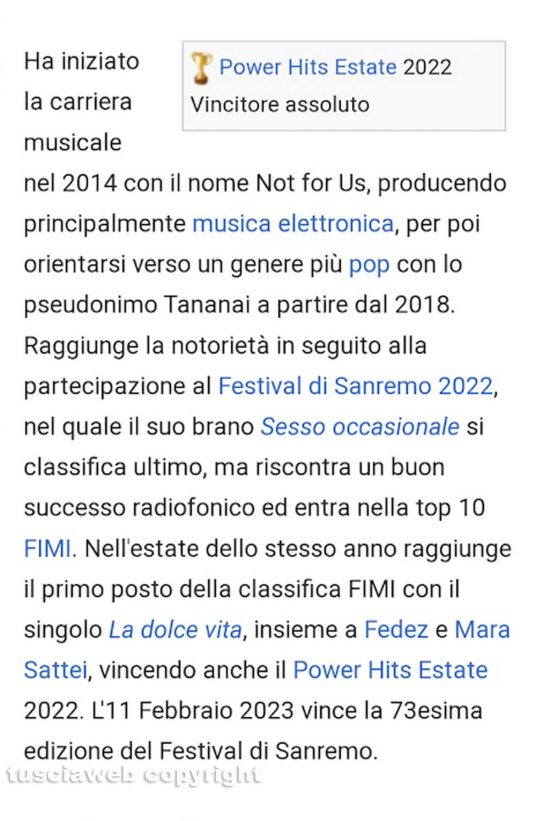 La pagina Wikipedia di Tananai dove viene indicato come vincitore di Sanremo 2023