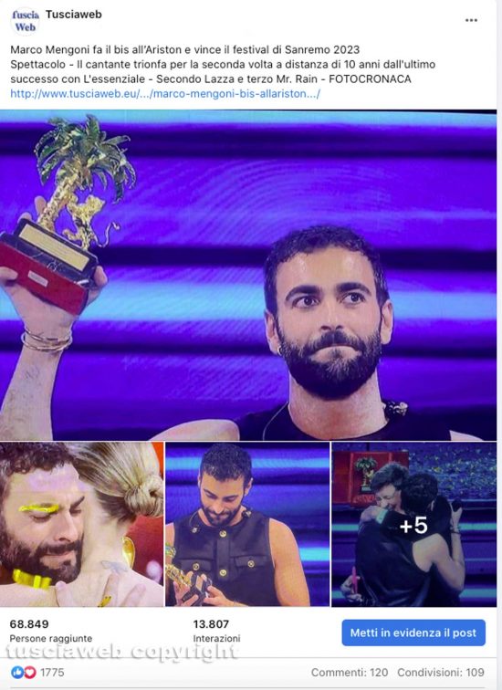 Marco Mengoni - Uno dei post della pagina Facebook di Tusciaweb