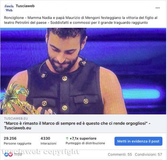 Marco Mengoni - Uno dei post della pagina Facebook di Tusciaweb