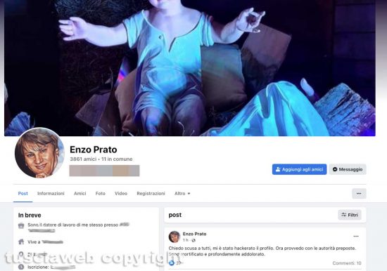Il profilo Facebook di don Enzo Prato con il post di scuse
