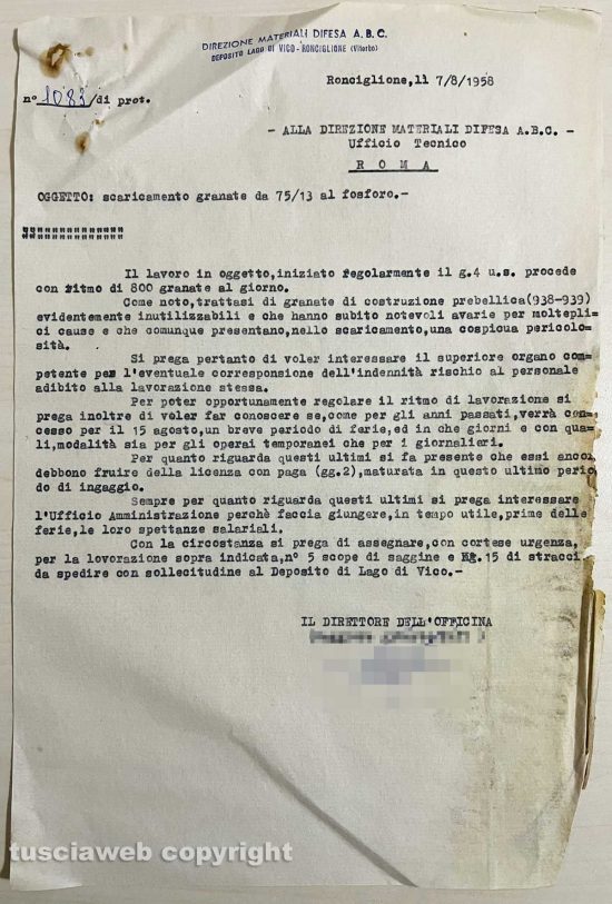Ronciglione - Chemical city del lago di Vico - Il documento militare del 7 agosto 1958