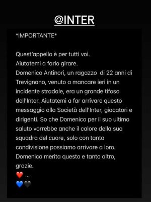 L’appello degli amici di Domenico Antinori rivolto alla società sportiva Inter