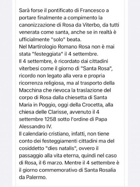 Il post su facebook sulla Beata Rosa da Viterbo