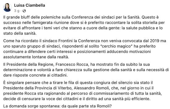 Il post di Luisa Ciambella contestato da 16 sindaci