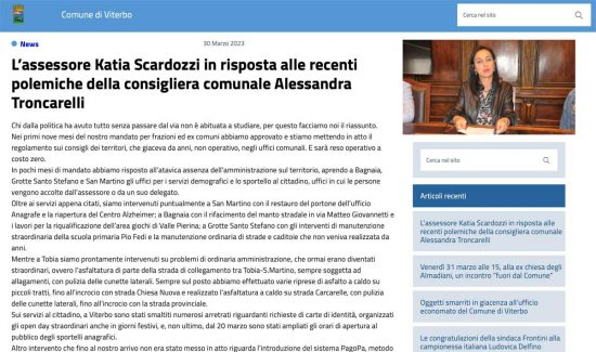 Viterbo - Comune - Il comunicato dell'assessora Scardozzi sul sito del comune