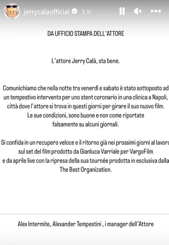 Lo staff di Jerry Calà comunica le  condizioni di salute dell'attore su Instagram