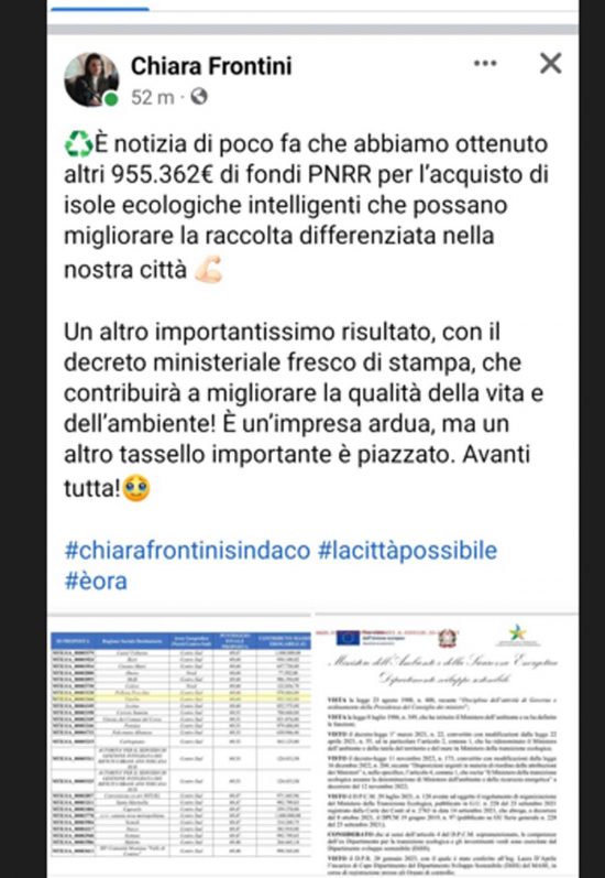 Il post della sindaca Frontini 