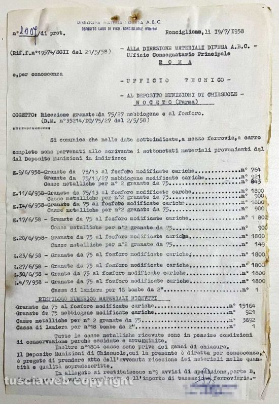 Ronciglione - Chemical city del lago di Vico - Il documento militare del 19 luglio 1958 con il quantitativo di bombe al fosforo provenienti da Noceto in provincia di Parma