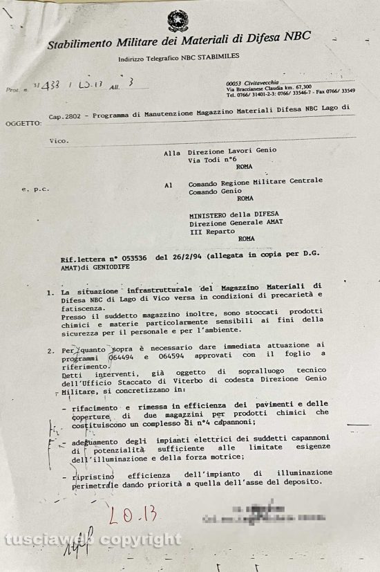 Ronciglione - Chemical city - Un documento del 1994 in cui si parla di fatiscenti e precarietà delle infrastrutture della zona militare del lago di Vico 