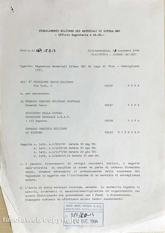 Ronciglione - Chemical city - Un documento del 1994 in cui si parla del ritrovamento di "ordigni residuati bellici"