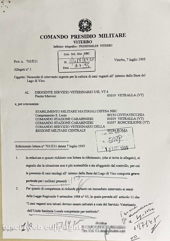 Ronciglione - Chemical city - Un documento del 1995 sulla presenza dei cani randagi all'interno della zona militare