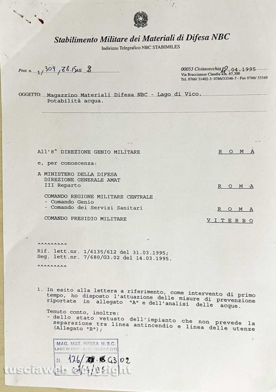 Ronciglione - Chemical city - Un documento del 1995 in cui si descrive la condizione dell'impianto idrico all'interno della zona militare del lago di Vico - pg. 1