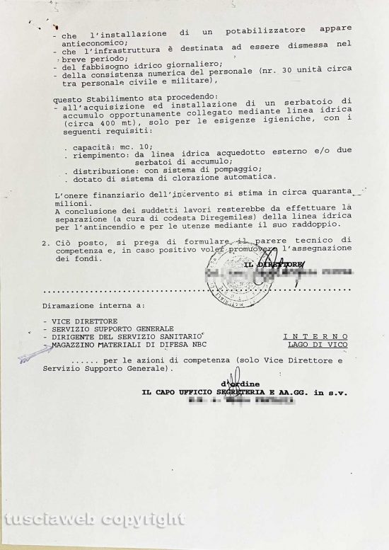 Ronciglione - Chemical city - Un documento del 1995 in cui si descrive la condizione dell'impianto idrico all'interno della zona militare del lago di Vico - pg. 2