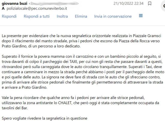 La mail inviata in comune sulla segnaletica fuori Porta Fiorentina 