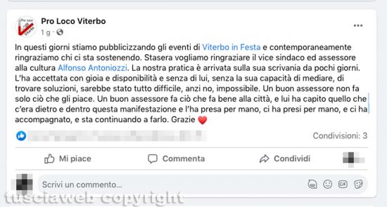 Viterbo in festa - Il post della Pro loco dedicato all’assessore Alfonso Antoniozzi