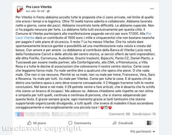 Viterbo in festa - Il post della Pro loco dedicato ai 1500 euro del comune