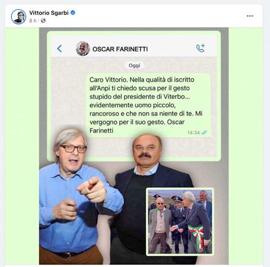 Il messaggio inviato da Oscar Farinetti a Vittorio Sgarbi