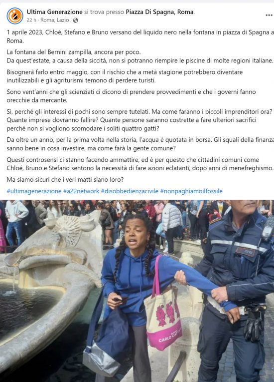 Roma - Il post del gruppo Ultima Generazione sugli attivisti in azione a piazza di Spagna