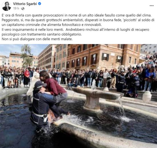 Roma - Il post di Vittorio Sgarbi contro gli attivisti che hanno versato del liquido nero nella fontana di piazza di Spagna