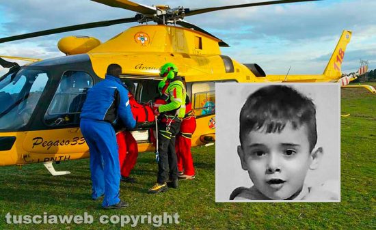 Intervento dell'elisoccorso e nel riquadro il piccolo Ismaele Serangeli