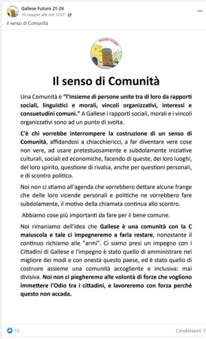 Il post di Gallese Futuro pubblicato sui social 
