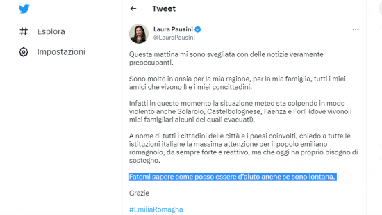 Il messaggio su Twitter di Laura Pausini