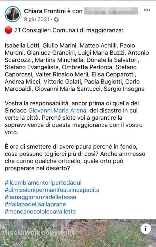Un post di Chiara Frontini, quando stava all'opposizione