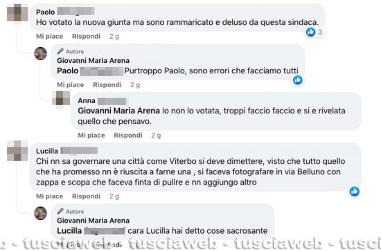 I commenti dei cittadini sotto al post di Giovanni Maria Arena su Facebook