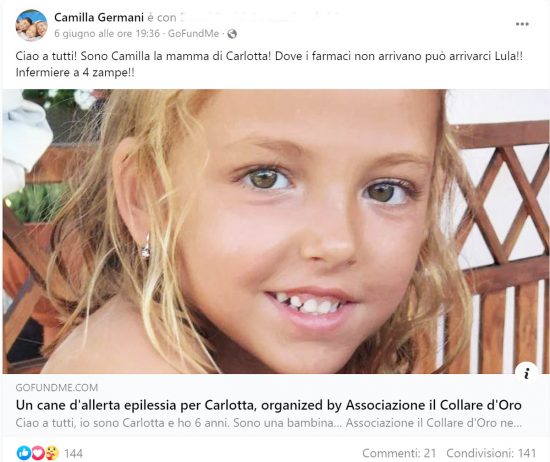 Il post della mamma di Carlotta con la foto diffusa anche sulla piattaforma Gofundme