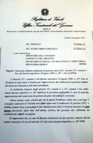 La lettera della prefettura al Comune di Vetralla 