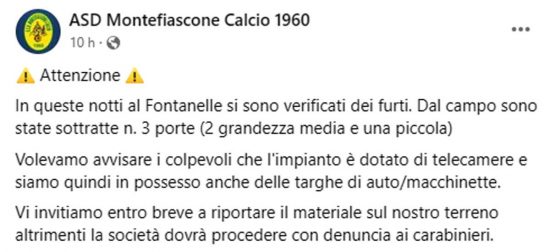 Il post su Facebook dell'Asd Montefiascone Calcio 1960