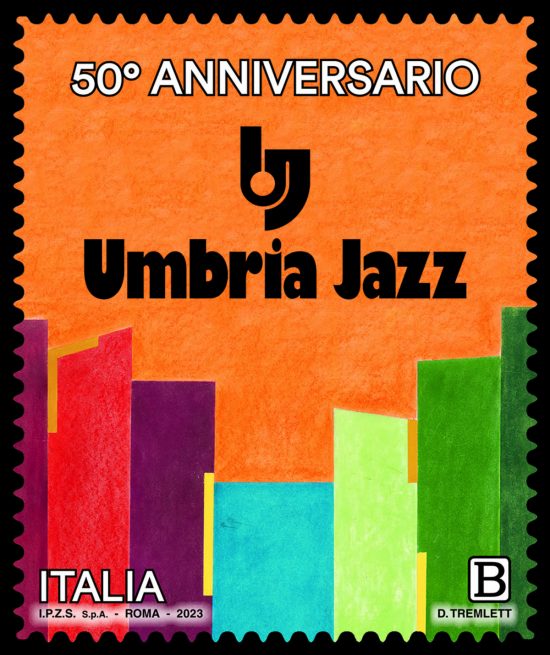 Francobollo di Poste italiane dedicato al 50esimo anniversario del festival estivo di Umbria jazz