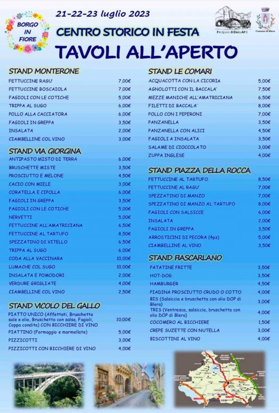 Il menu degli stand di "Centro storico in festa"