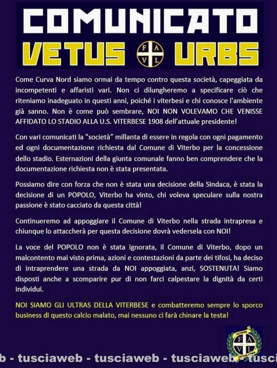 Il minaccioso volantino di un parte della tifoseria della Viterbese
