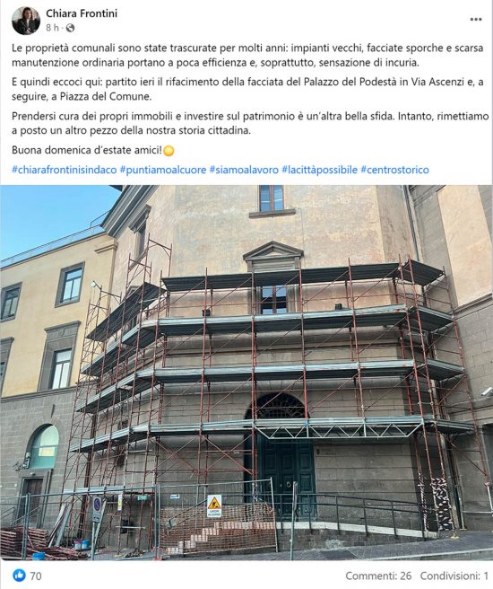 Il post della sindaca Chiara Frontini per il rifacimento della facciata del palazzo del podestà in via Ascenzi e piazza del Comune