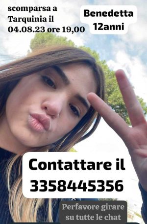 L'appello per la 12enne Benedetta Cristofani scomparsa a Tarquinia